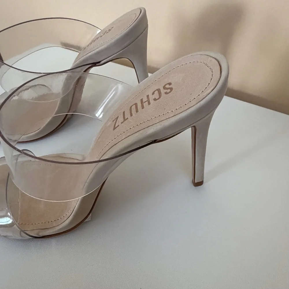 SCHUTZ Clear Vinyl Strappy Nude Stiletto Heels
